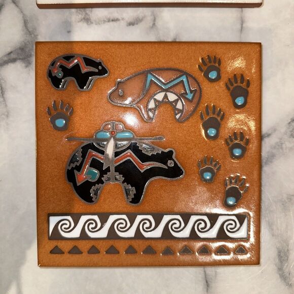2 Vntg Masterworks Handcrafted Art Tiles Southwestern Bear Coyote Western Desert - Picture 2 of 8